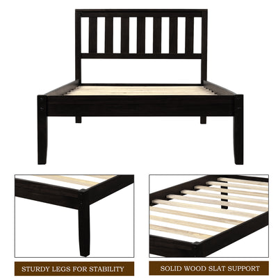 win Bed Frame No Box Spring Needed, Espresso Twin Platform Bed Frame with Headboard, Modern Wood Twin Bed Frame Bedroom Furniture with Wood Slats for Kids Adults Teens, LLL4052
