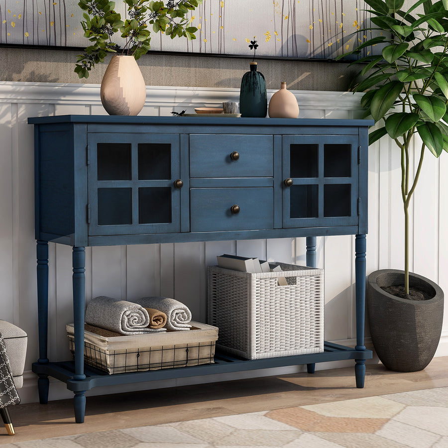 Console Table Buffet Sideboard with 2 Drawers and 2 Glass Cabinet, Retro Farmhouse Tall Wood Sideboard Cupboard w/Solid Wood Frame and Legs and Bottom Shelf for Kitchen, 114lbs, Antique Navy, S526