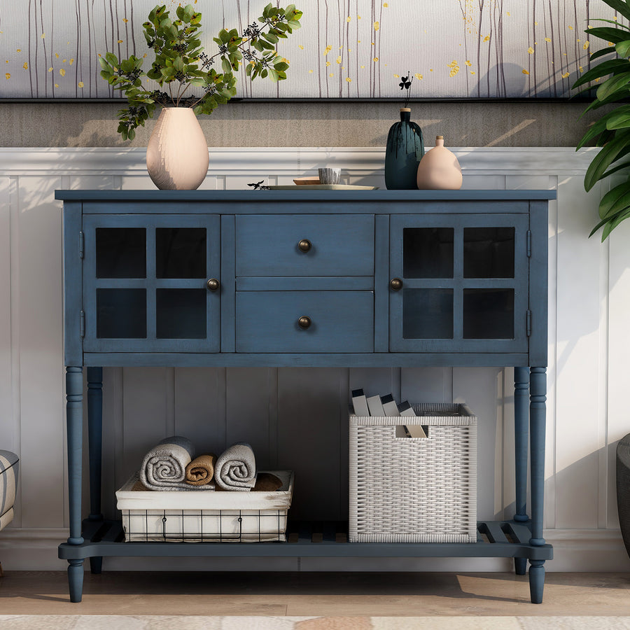Console Table Buffet Sideboard with 2 Drawers and 2 Glass Cabinet, Retro Farmhouse Tall Wood Sideboard Cupboard w/Solid Wood Frame and Legs and Bottom Shelf for Kitchen, 114lbs, Antique Navy, S526