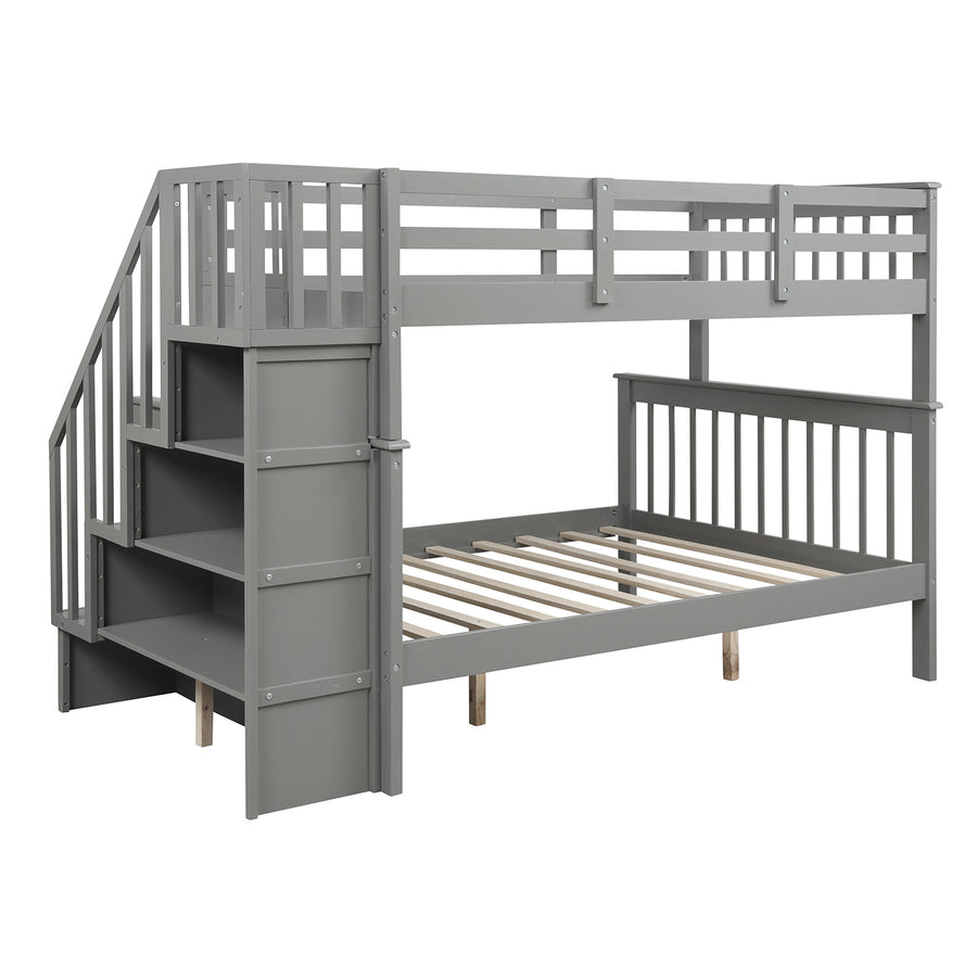 Bunk Bed Twin-Over-Full, Twin Daybed and Frame Sets, Premium Firm Feel Solid Wood Support with Ladder and Safety Rail, Roll Out w/4 Storage Shelves, 250lbs, Grey, SS671