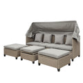 4 Piece Outdoor Daybed, PE Rattan Patio Daybed, Patio Sofa Set with Retractable Canopy, Cushions and Lifting Table, Patio Bed Furniture for Garden, Backyard, Patio, Pool, Deck, Brown, K4028