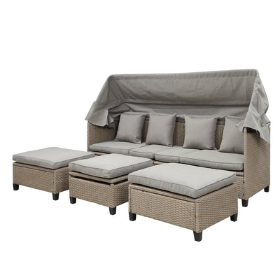 SEGMART 4-Piece Outdoor Conversation Set, Outdoor PE Rattan Patio Daybed, Sofa Set with Retractable Canopy, Cushions and Lifting Table, Patio Bed Furniture for Garden, Poolside, Deck, Backyard, K4033