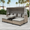4 Piece Outdoor Daybed, PE Rattan Patio Daybed, Patio Sofa Set with Retractable Canopy, Cushions and Lifting Table, Patio Bed Furniture for Garden, Backyard, Patio, Pool, Deck, Brown, K4028
