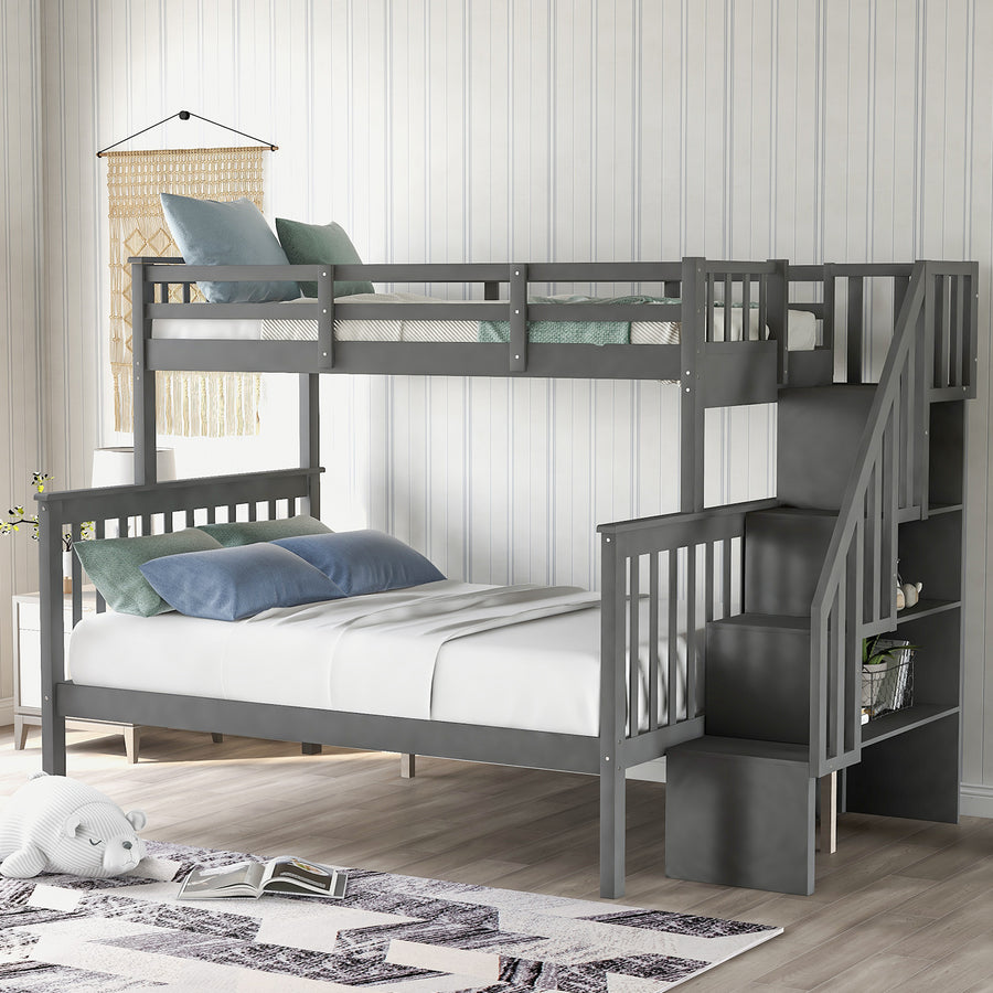 SEGMART Wood Bunk Beds for Kids, 76.97'' x 51.57'' Solid Wood Twin-Over-Full Kids Bed, Sturdy Wood Twin-Over-Full Bunk Beds w/ 4 Storage Shelves, 4-Step Ladder, Full-Length Guardrails, 250lbs, SS665