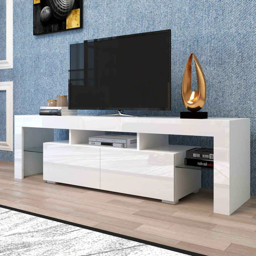 Segmart TV Stand for 70 inch TVs, Modern White LED TV Stand with 16 Colors Light, TV Media Console High Gloss Entertainment Center with 2 Drawers and Open Shelves, White, S9780
