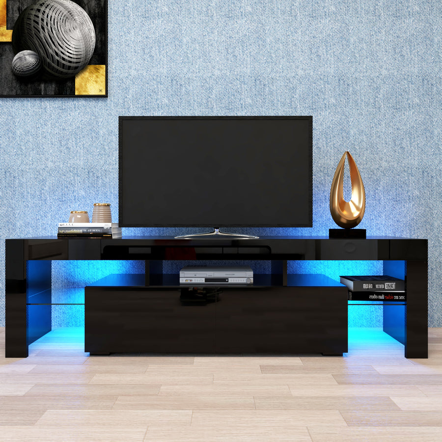 Segmart TV Stand for 70 inch TVs, Modern Black LED TV Stand with 16 Colors Light, TV Media Console High Gloss Entertainment Center with 2 Drawers and Open Shelves, Black, S9800