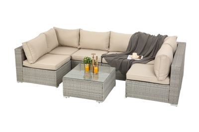 7 Piece Outdoor Bistro Wicker Sectional Conversation Sets, All-Weather Patio Rattan Furniture Sets with Seat Cushions & Coffee Table, 2 Pillows for Living Room, Porch, Backyard, 330 lbs, SS644