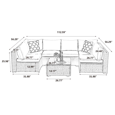 7 Piece Outdoor Bistro Wicker Sectional Conversation Sets, All-Weather Patio Rattan Furniture Sets with Seat Cushions & Coffee Table, 2 Pillows for Living Room, Porch, Backyard, 330 lbs, SS644