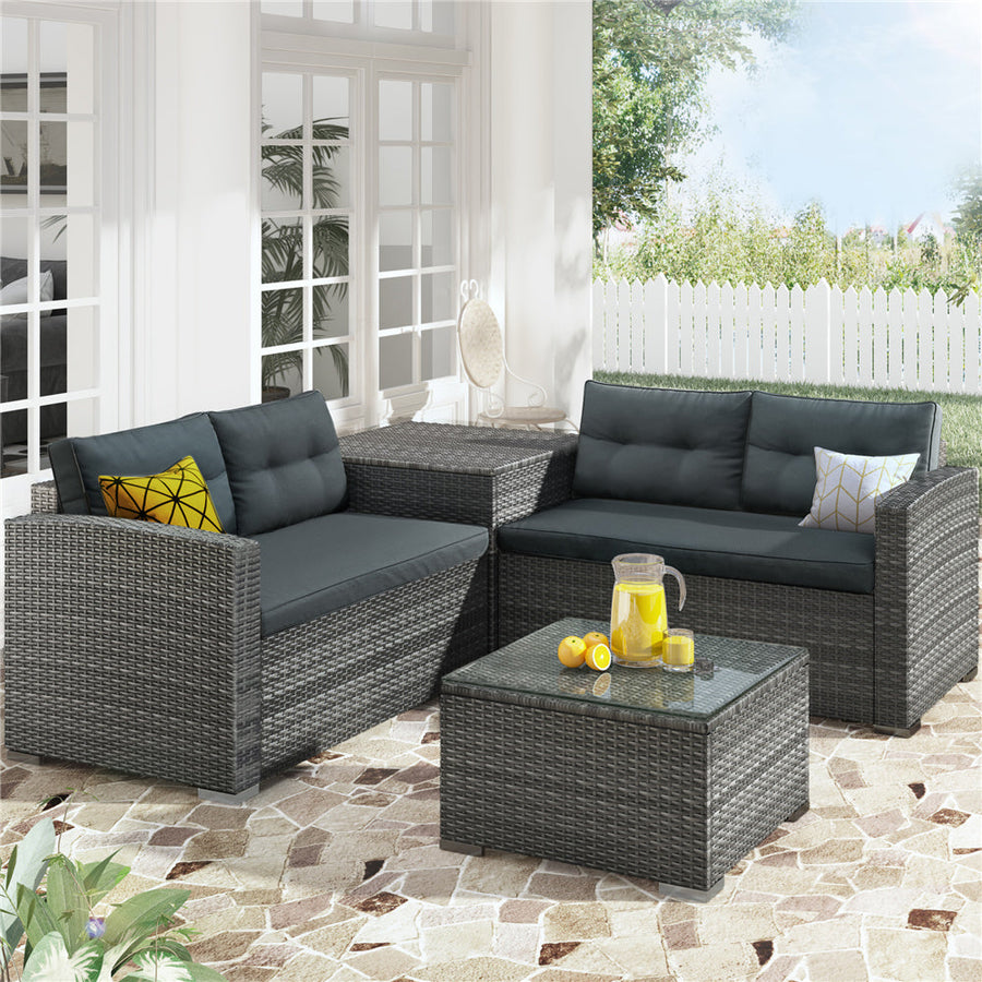 Segmart Outdoor Patio Furniture Set, New 4 Pieces Wicker Deck Furniture Set with Seat Cushions & Tempered Glass Coffee, Outdoor Patio Conversation Sets for Porch, Poolside, Backyard, Garden, S13093