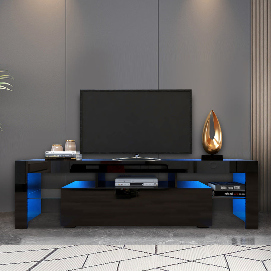 Segmart TV Stand for 70 inch TVs, Modern Black LED TV Stand with 16 Colors Light, TV Media Console High Gloss Entertainment Center with 2 Drawers and Open Shelves, Black, S9800
