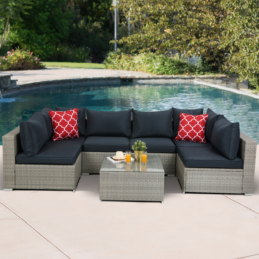 Outdoor Patio Furniture Sets, 7 Pieces Wicker Bistro Furniture Sectional Set with Coffee Table Table, Wicker Sofa Sets with 2 Pillows, Conversation Sets for Porch Poolside Backyard Garden, SS627