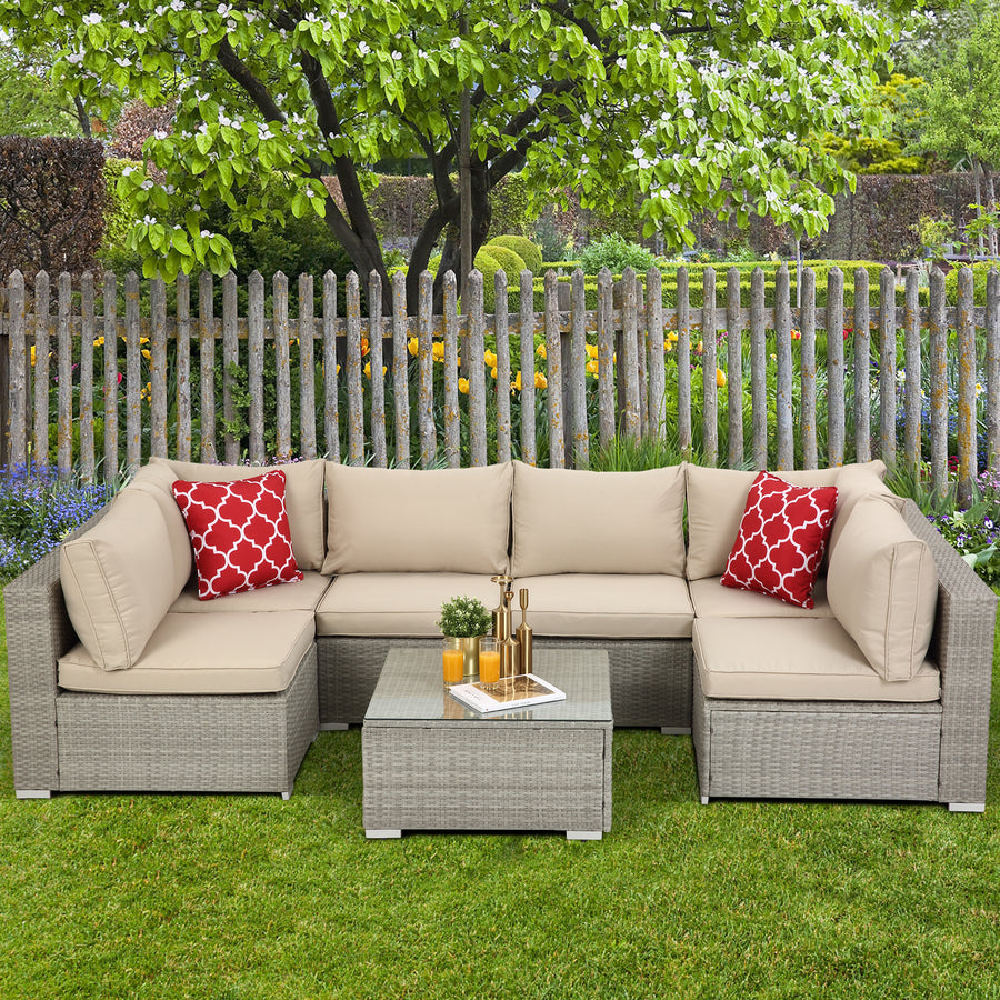 7 Piece Outdoor Bistro Wicker Sectional Conversation Sets, All-Weather Patio Rattan Furniture Sets with Seat Cushions & Coffee Table, 2 Pillows for Living Room, Porch, Backyard, 330 lbs, SS644