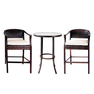 Outdoor Patio Furniture Sets, 3 Piece High Top Table and Chair with Cushions, Modern Bistro Rattan Chair Conversation Sets with Coffee Table for Backyard Garden Pool Deck, L