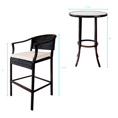 Outdoor Patio Furniture Sets, 3 Piece High Top Table and Chair with Cushions, Modern Bistro Rattan Chair Conversation Sets with Coffee Table for Backyard Garden Pool Deck, L