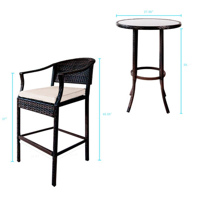 Wicker Patio Furniture Set with Cushions, 3 Piece Outdoor Bar Bistro Set with Height Top Coffee Table, Modern Wicker Rattan Patio Furniture Set with Cushions for Backyard Garden Pool Deck, LLL1795