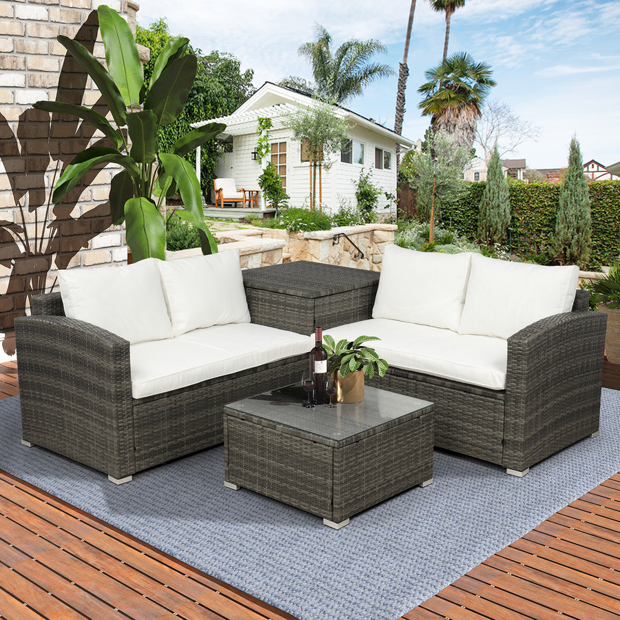 Outdoor Patio Conversation Set, 4 PCS All-Weather PE Rattan Sectional Cushioned Sofa with Table and Storage Box, Manual-Woven Wicker Couch Chair Set, Outdoor Patio Deck Garden Bistro Set, B876