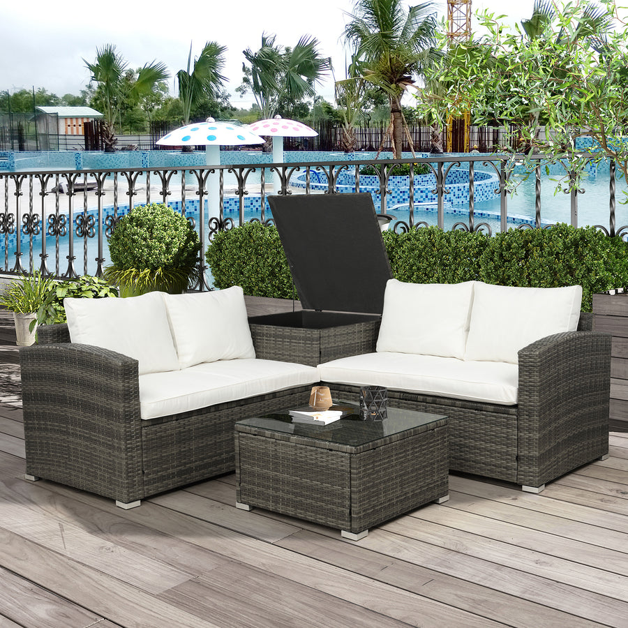 Outdoor Patio Conversation Set, 4 PCS All-Weather PE Rattan Sectional Cushioned Sofa with Table and Storage Box, Manual-Woven Wicker Couch Chair Set, Outdoor Patio Deck Garden Bistro Set, B876