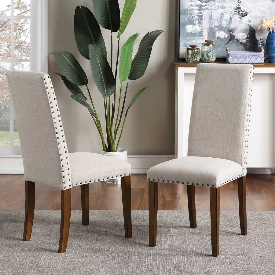 Upholstered Dining Chairs Set of 2, 39.17" Tufted High Back Padded Dining Chairs w/Solid Wood Legs, Classic Fabric Beige Parsons Side Chair for Home/Kitchen/Living Room, 330lbs, S14047
