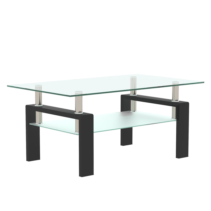 Glass Coffee Table with Lower Shelf, Clear Rectangle Glass Coffee Table, Modern Coffee Table with Metal Legs, Rectangle Center Table Sofa Table Home Furniture for Living Room, L5509