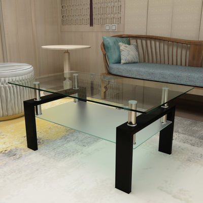 Glass Coffee Table with Lower Shelf, Clear Rectangle Glass Coffee Table, Modern Coffee Table with Metal Legs, Rectangle Center Table Sofa Table Home Furniture for Living Room, L5509