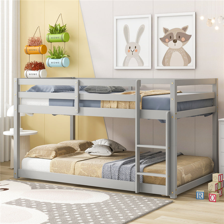 Twin over Twin Bunk Bed, SEGMART Wood Bunk Beds for Kids, Solid Bunk Bed Twin over Twin, Low Bunk Beds with Ladder/Rail, Space-Saving Bunk Beds for Small Rooms, No Box Spring Needed, Gray, H1401