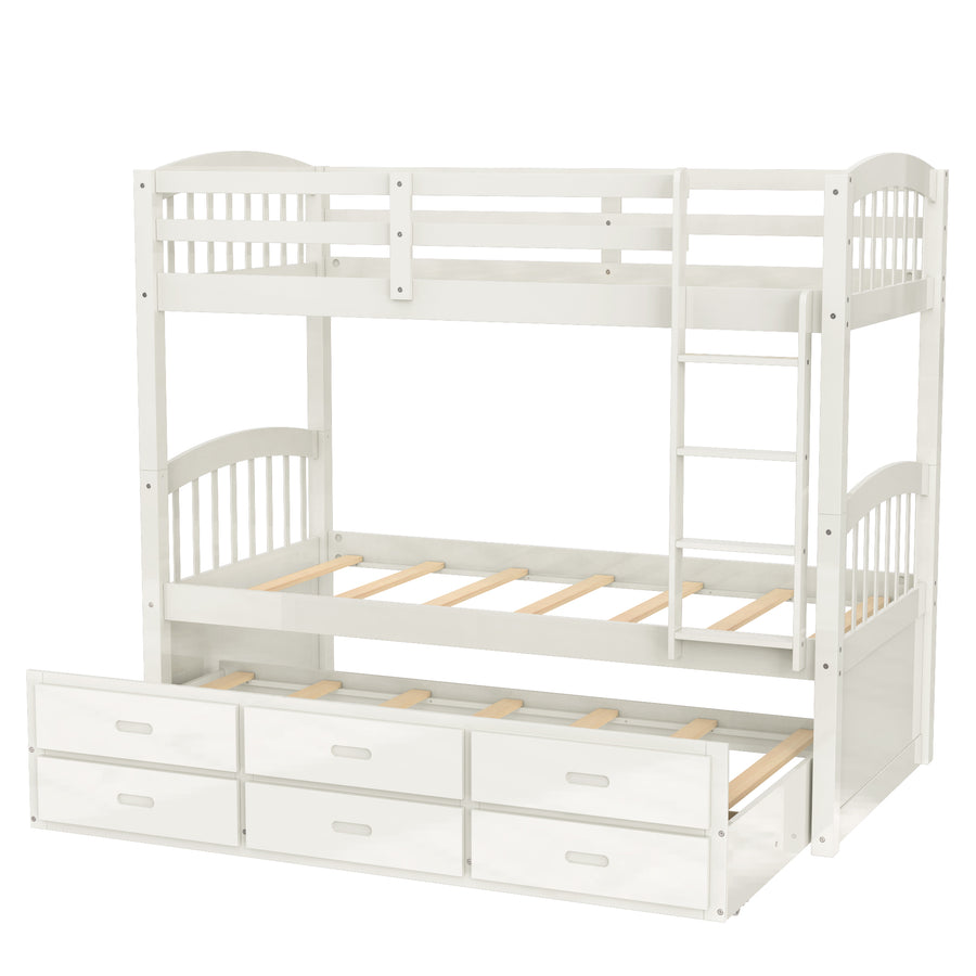 SEGMART Wood Twin Over Twin Bunk Beds with Trundle Bed, Twin Bunk Beds for Kids Adults Teens, Bunk Bed Can Be Divided Into 2 Twin Beds with Trundle, 4-Ladders, No Box Spring Need, White