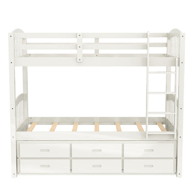 SEGMART Wood Twin Over Twin Bunk Beds with Trundle Bed, Twin Bunk Beds for Kids Adults Teens, Bunk Bed Can Be Divided Into 2 Twin Beds with Trundle, 4-Ladders, No Box Spring Need, White