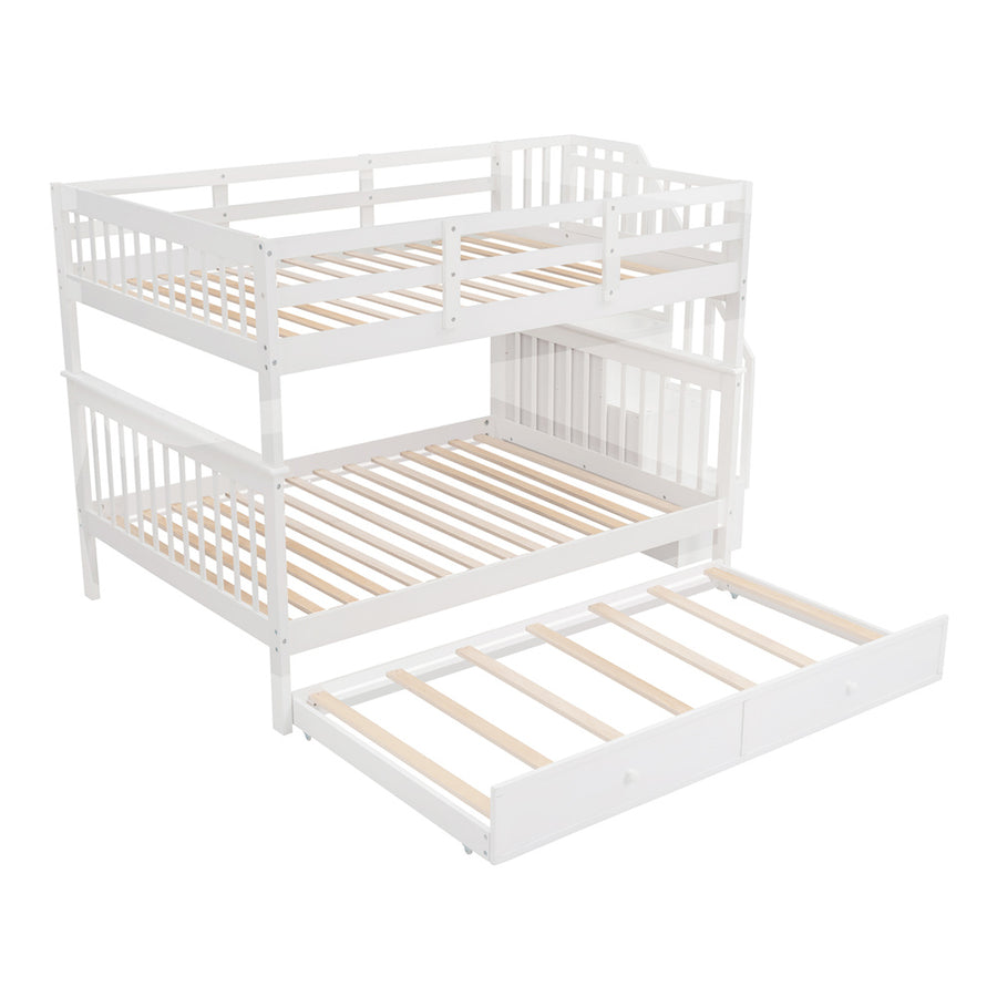 Segmart White Full Over Full Bunk Bed with Trundle, Solid Wood Full Bunk Bed with Stairs, Detachable Bunk Bed Frame for Kids, Boys, Girls, Teens, LLL1462