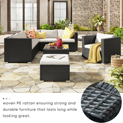 Segmart 7 Pc Outdoor Patio Sectional Set, White and Black with Table, L