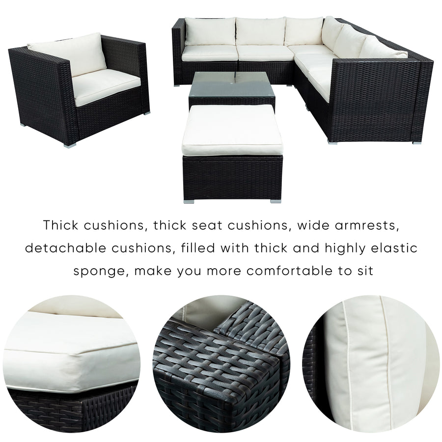 Segmart 7 Pc Outdoor Patio Sectional Set, White and Black with Table, L