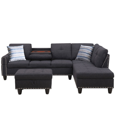 SEGMART Black Mid-Century Sectional Sofa with Chaise Lounge and Storage Ottoman for Living Room, 97.5'' Wide Upholstered Linen Fabric Sectional Sofas with Solid Wood Frame and Cupholder, S5407