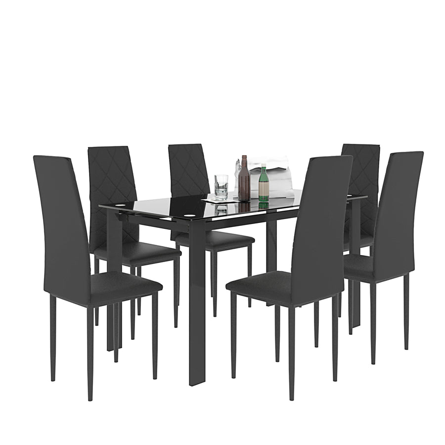 7 Piece Kitchen Dining Table and Chair Set, Dining Room Table Set with Glass Tabletop PU Leather Padded Chairs, Rectangle Dining Table Set for 6, Dinette Set for Kitchen Dining Room Small Space