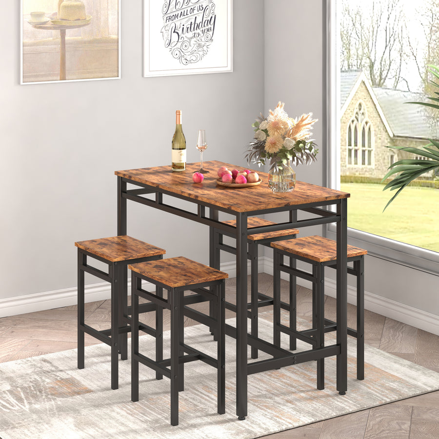 5 Piece Bar Table Set, Kitchen Counter Height Table with 4 Stools, Space Saving, for 4 Persons with Metal Frame, Wood Dining Table & Chair Set for Breakfast Nook Pub Bistro