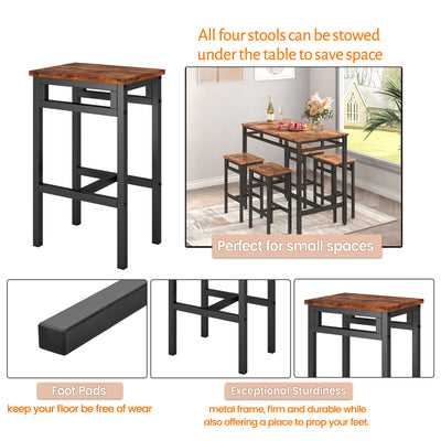5 Piece Bar Table Set, Kitchen Counter Height Table with 4 Stools, Space Saving, for 4 Persons with Metal Frame, Wood Dining Table & Chair Set for Breakfast Nook Pub Bistro