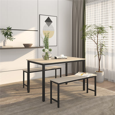 Dining Room Set for 4, 3 Pieces Farmhouse Kitchen Table Set with Two Benches, Small Dining Table Sets with Metal Frame and MDF Board, Beige Modern Dining Furniture Set for Home, Cafeteria, LL333