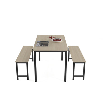 Dining Room Set for 4, 3 Pieces Farmhouse Kitchen Table Set with Two Benches, Small Dining Table Sets with Metal Frame and MDF Board, Beige Modern Dining Furniture Set for Home, Cafeteria, LL333