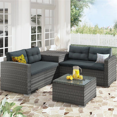 Patio Furniture Set Clearance, 4 Piece Patio Furniture Sets with Loveseat Sofa, Storage Box, Tempered Glass Coffee Table, All-Weather Patio Sectional Sofa Set with Cushions for Backyard Garden Pool