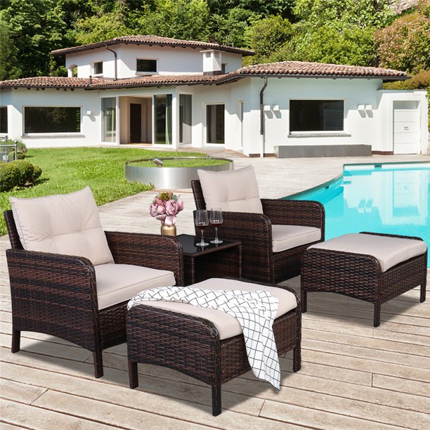 Patio Furniture Sets, 5 Piece Outdoor Conversation Sets with 2 Cushioned Chairs, 2 Ottomans, Wicker Table, PE Wicker Rattan Outdoor Lounge Chair Conversation Set for Backyard, Porch, Garden, LLL308