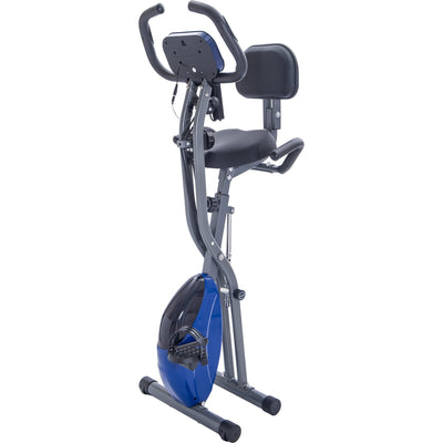 Indoor Cycle Stationary Exercise Bike, Foldable Indoor Recumbent X-Bike with Large LCD Display, Stationary Bike Exercise Equipment w/Adjustable 10-Levels Resistance, Arm Resistance Bands, Blue, S5862