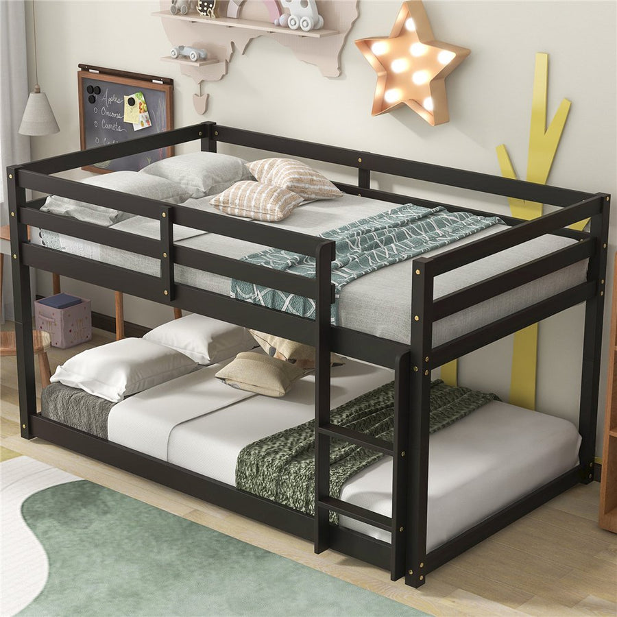 Twin over Twin Bunk Bed, SEGMART Wood Bunk Beds for Kids, Solid Bunk Bed Twin over Twin, Low Bunk Beds with Ladder/Rail, Space-Saving Bunk Beds for Small Rooms, No Box Spring Needed, Espresso, H1406