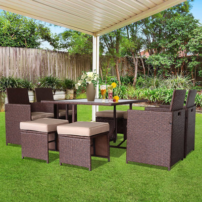 Patio Dining Sets Clearance, 9 Piece Patio Furniture Sets with 4 PE Wicker Chairs, 4 Ottomans, Glass Table, All-Weather Outdoor Patio Dining Conversation Set with Cushions for Backyard, Lawn, Garden