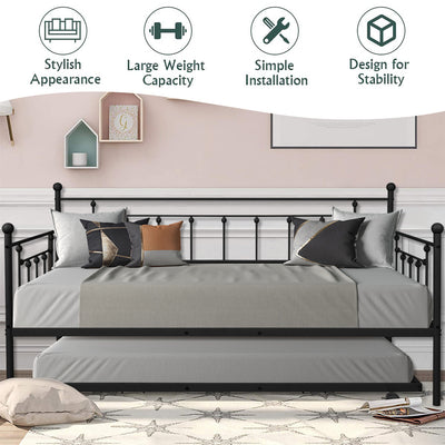 Twin Metal Trundle Bed Frame, Twin Trundle Beds with Trundle Included, SEGMART Daybed & Trundle w/ Metal Slat Support, Twin Daybed for Adults Kids Teens, Bed Frame No Box Spring Needed, Black, L