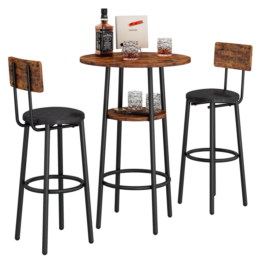 Counter Height Table Set of 3, Breakfast Bar Table and Stool Set, Minimalist Dining Table with Backrest Stools, Wood Top Pub Table & Chair Set for Kitchen Apartment Bistro