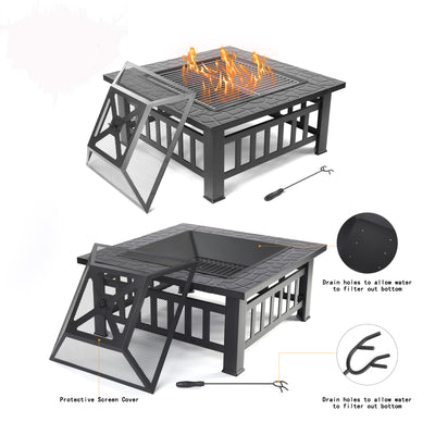 32'' Wood Burning Fire Pit, Outdoor Square Metal Fire Pit Table, Backyard Patio Garden Wood Burning Heater, BBQ, Ice Pit with Grill Rack, Poker, Fit for Party Picnic Camp