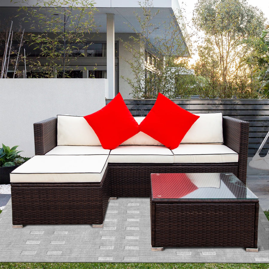 Outdoor Garden Patio Sectional Sofa Sets, SEGMART 3 Pieces Modern Wicker Furniture Set Tempered Glass Coffee Table, Ottoman, Outdoor Conversation Sets for Porch Poolside Backyard, S9128