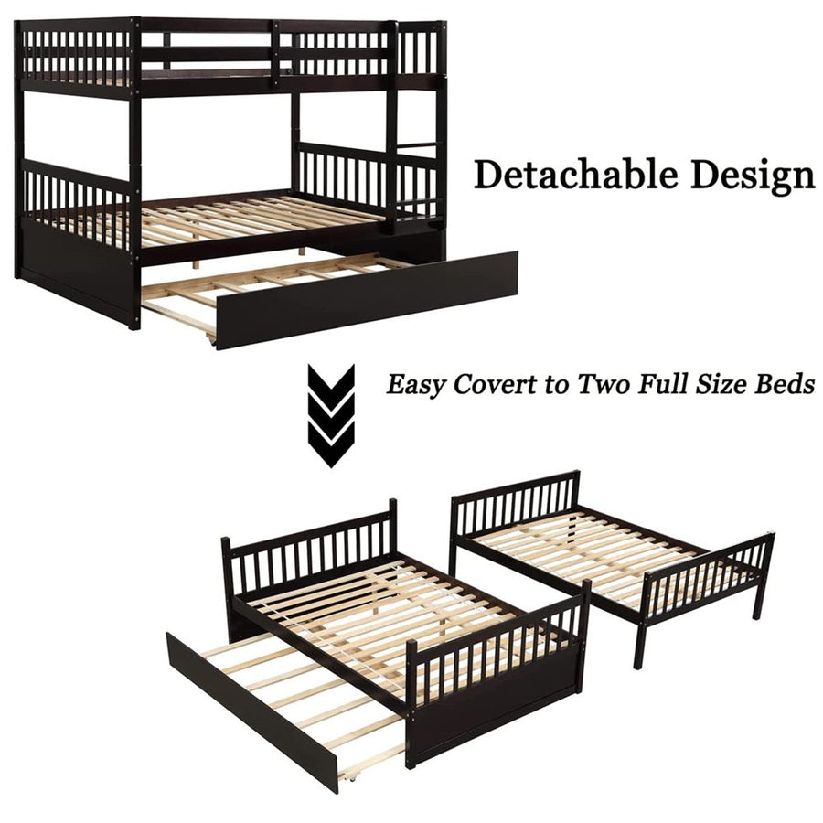 Full over Full Bunk Bed, SEGMART Upgraded Solid Wood Full Bunk Bed with Trundle, Safety Rail and Ladder, Full Size Detachable Bunk Bed Frame for Kids Boys Girls Teens, Espresso, LLL4375