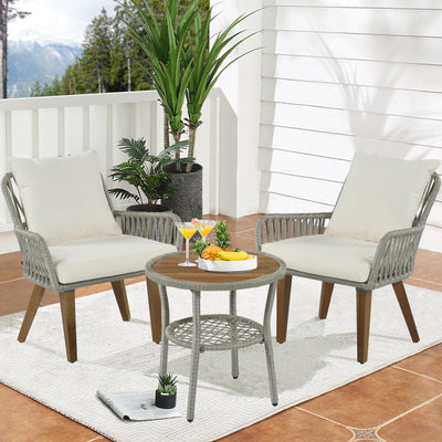 SEGMART 3 Pieces Outdoor Bistro Patio Bar Furniture Sets, Outdoor Woven-Rope Bistro Table Set with Wood Table and 2 PCS Chair, Woven-Rope Bar Chairs Set with Cushion for Poolside, SS310