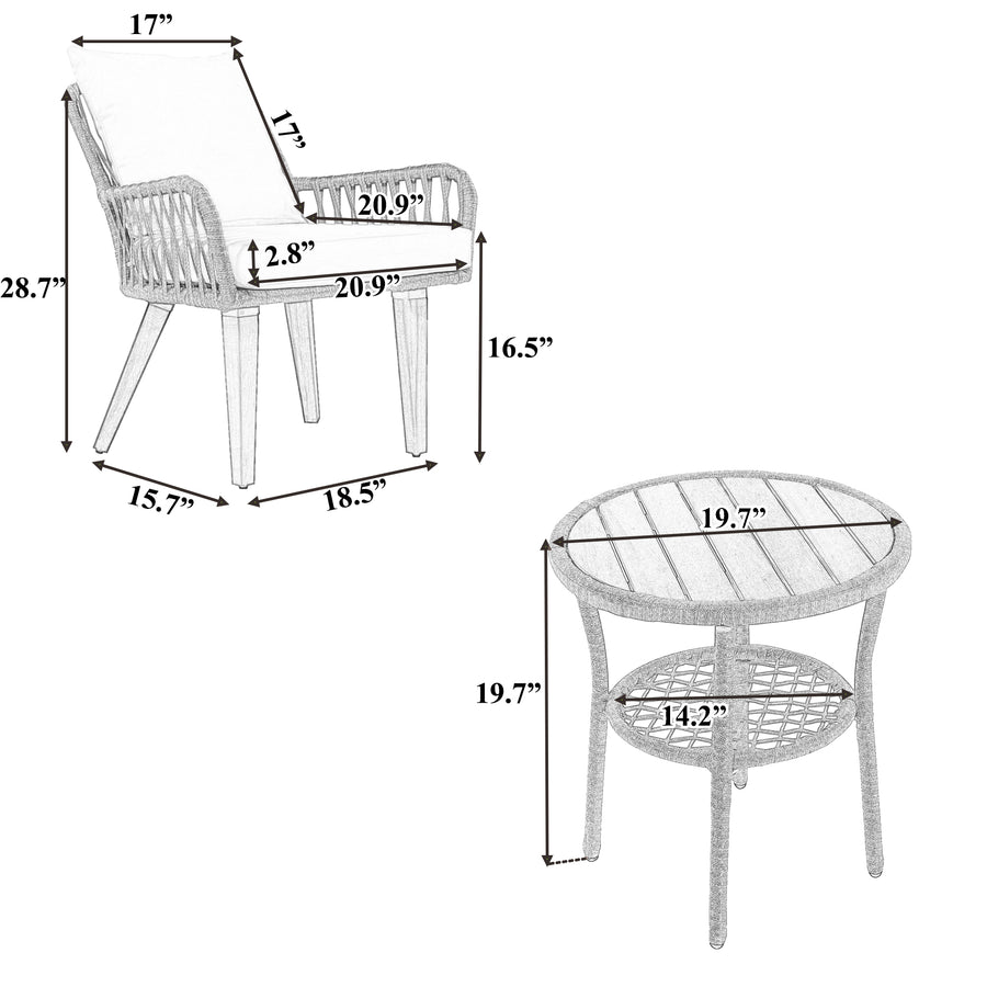 SEGMART 3 Pieces Outdoor Bistro Patio Bar Furniture Sets, Outdoor Woven-Rope Bistro Table Set with Wood Table and 2 PCS Chair, Woven-Rope Bar Chairs Set with Cushion for Poolside, SS310