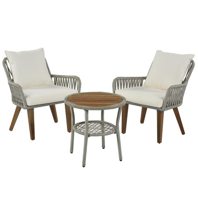 SEGMART 3 Pieces Outdoor Bistro Patio Bar Furniture Sets, Outdoor Woven-Rope Bistro Table Set with Wood Table and 2 PCS Chair, Woven-Rope Bar Chairs Set with Cushion for Poolside, SS310