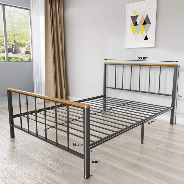 Bed Frame, Twin-Size Heavy Duty Metal Bed Frame with Wood and Iron Headboard and Footboard, Vintage Mattress Foundation Steel Platform Bed Frame for Adults, Wood Color Finish, 500lbs, Twin, S2014